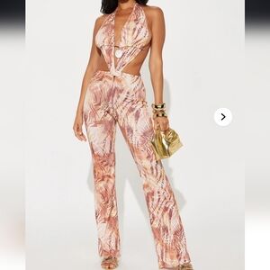 Fashion Nova Pink Tan Abstract Halter Cutout Jumpsuit
